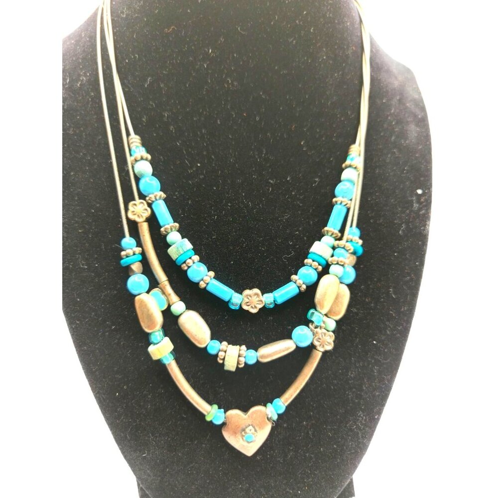 Pilgrim Danish Design Triple Strand Necklace Heart Flower Beads Vintage Look